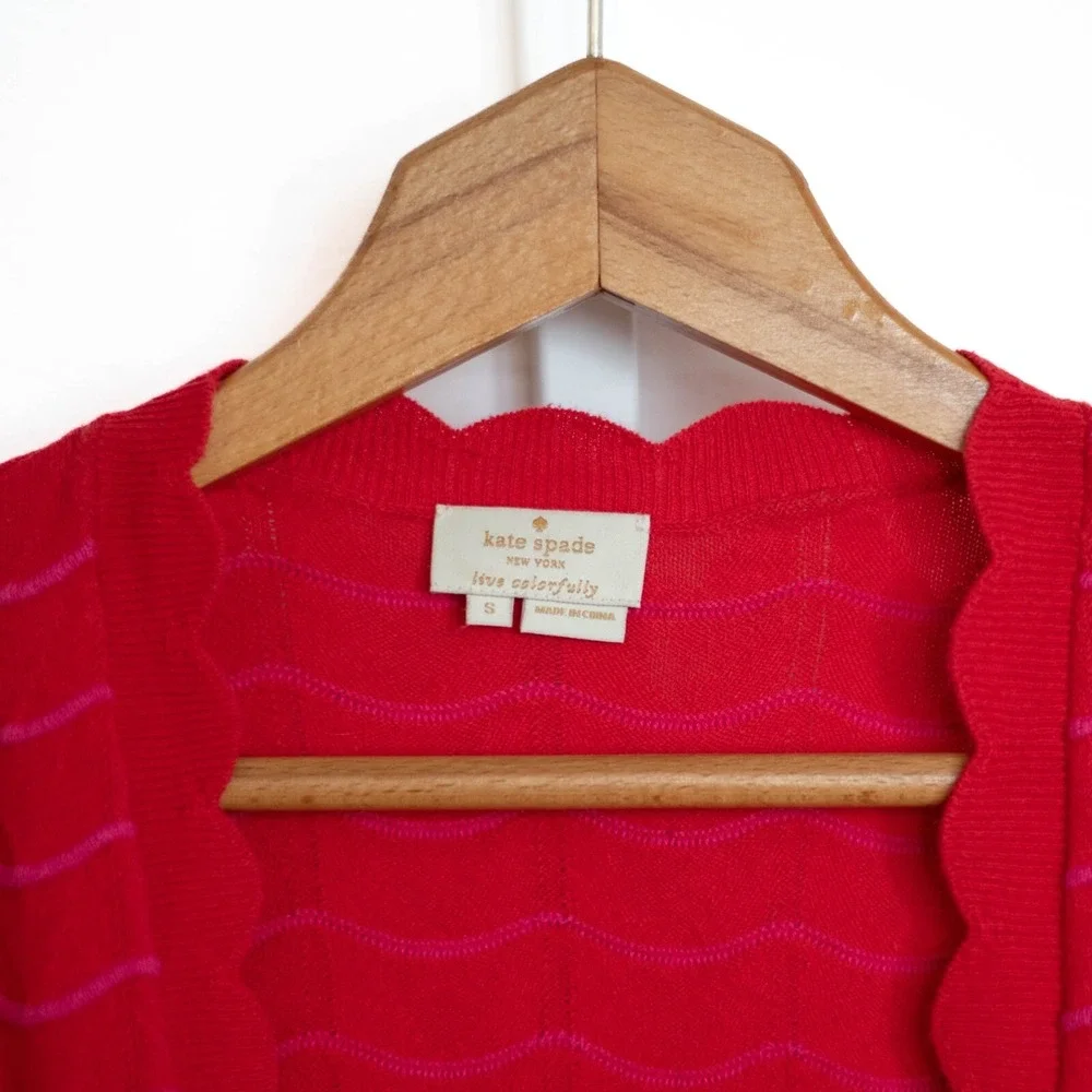 Kate Spade Open Cardigan Womens‎ S Poppy Red Scalloped Trim Preppy Chic